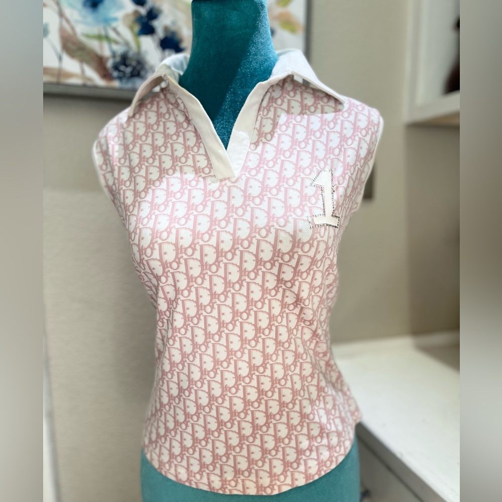 Dior Pink Logo Print Sleeveless Polo Top
